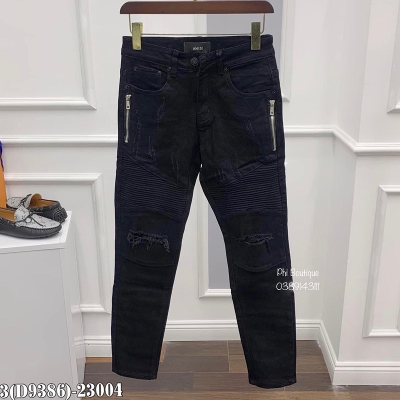 Quần Bò Amiri Đen Vải Nhăn Phối Khoá Dọc Đùi Cực Sang