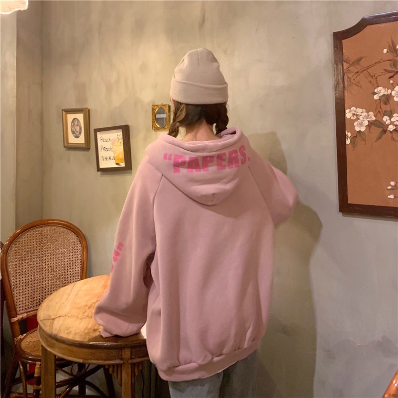 Áo hoodie Ulzzang nữ form rộng in chữ màu trắng hồng chất nỉ đẹp order quảng châu BST áo thu đông unisex Ulzzang