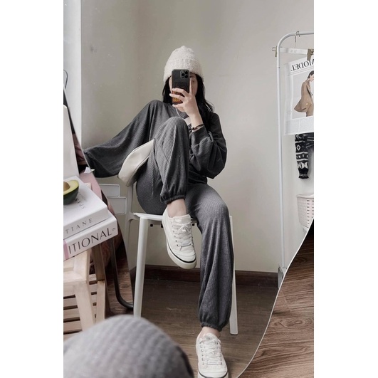 BỘ NỈ NỮ XÁM ÁO CROPTOP RÚT EO THU ĐÔNG FREESIZE