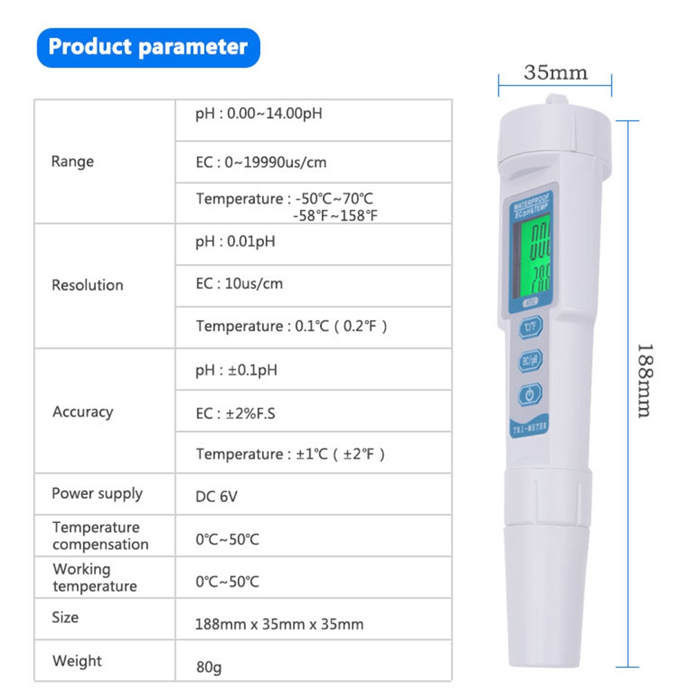 Nhiệt kế kỹ thuật số 3 trong 1 kiểm tra độ PH nước hồ bơi