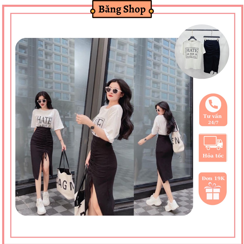 Set áo phông phối chân váy xẻ dây rút xinh xắn, tôn dáng, size SML