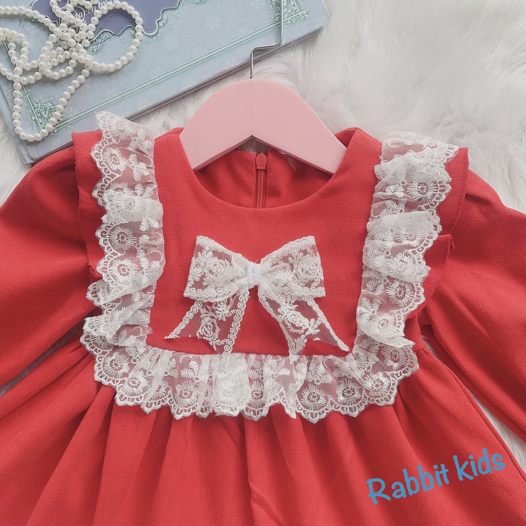 Váy Tết Cho Bé Gái FREESHIP Rabbit Kids - Đầm Dài Tay Trẻ Em – Váy Thu Đông Nhung Đỏ Phối Ren Kính Trắng