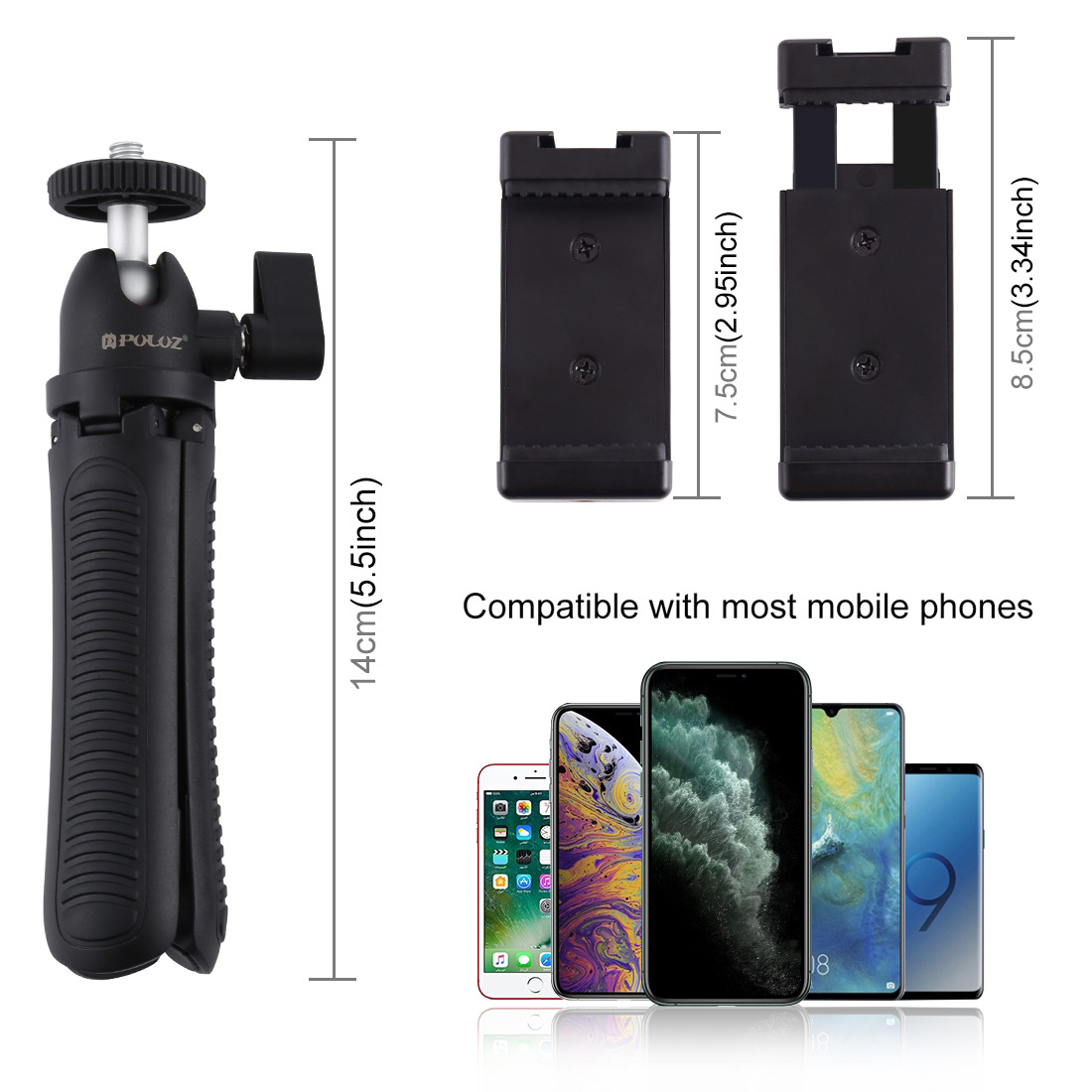 PULUZ Selfie Sticks Travel Tripod Mount with Phone Clamp for Xiaomi Huawei Iphone Oppo Vivo Vlogging and Tripod Adapter Long Screw for Gopro Hero 9 8 7 6 5 4(Black)