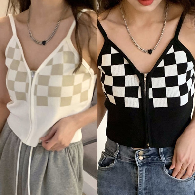 Áo Croptop Hai Dây Dệt Kim Cổ Chữ V Họa Tiết Sọc Caro Phối Khóa Kéo Thời Trang Cho Nữ