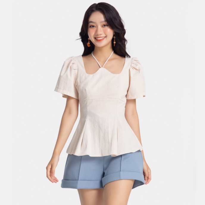 Áo kiểu nữ cổ yếm HNOSS nhún eo tay phồng HNAKI047
