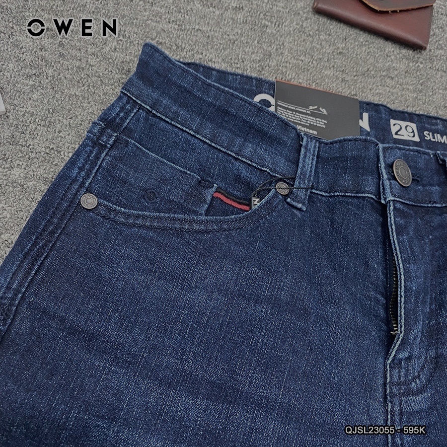 Quần jean nam hàng hiệu Owen QJSL23055 dáng slim fit ống côn màu xanh đậm trơn vải bò denim cotton cao cấp bền đàn hồi