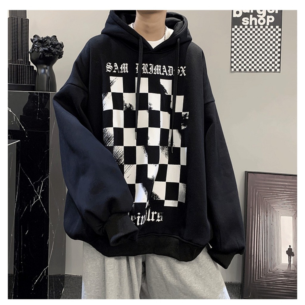 Áo hoodie,Áo nỉ  in hình caro trước ngực cực hot 2021 phom rộng phong cách Hàn Quốc