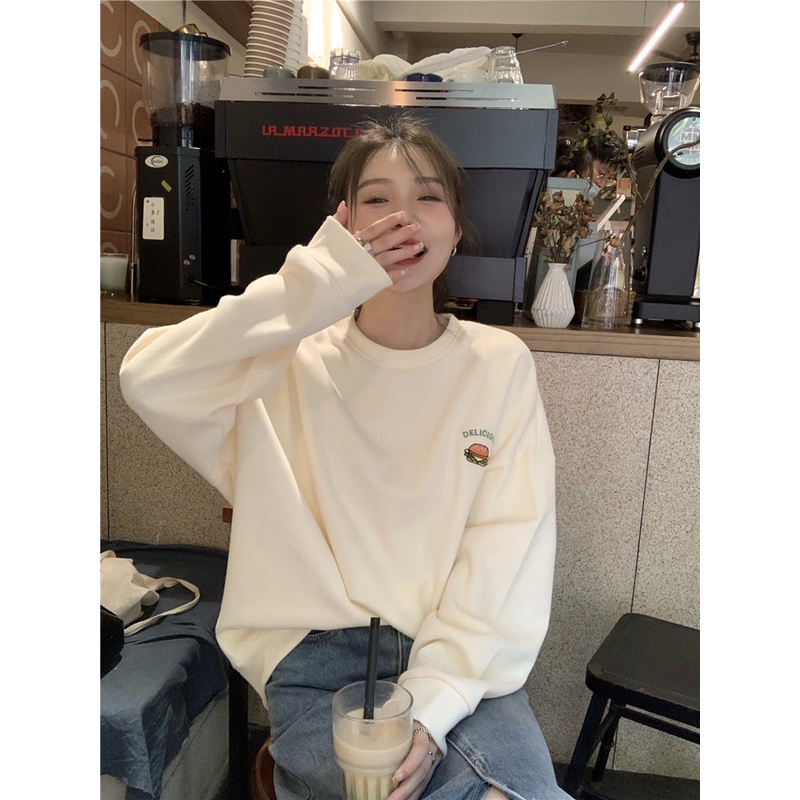 Porozi  Áo sweater tay dài dáng rộng in hình burger kiểu Hàn Quốc xinh xắn cho nữ