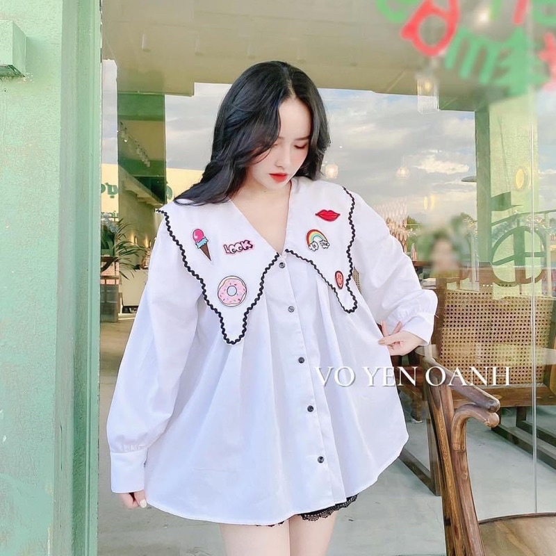 ÁO SƠ MI DÁNG XOÈ CỔ BÈO THÊU STICKER - HÌNH THẬT