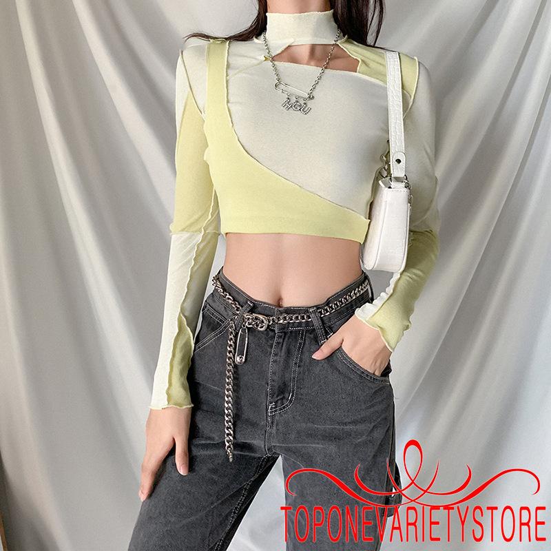 Áo Croptop Dài Tay Phối Màu Thời Trang Cho Nữ