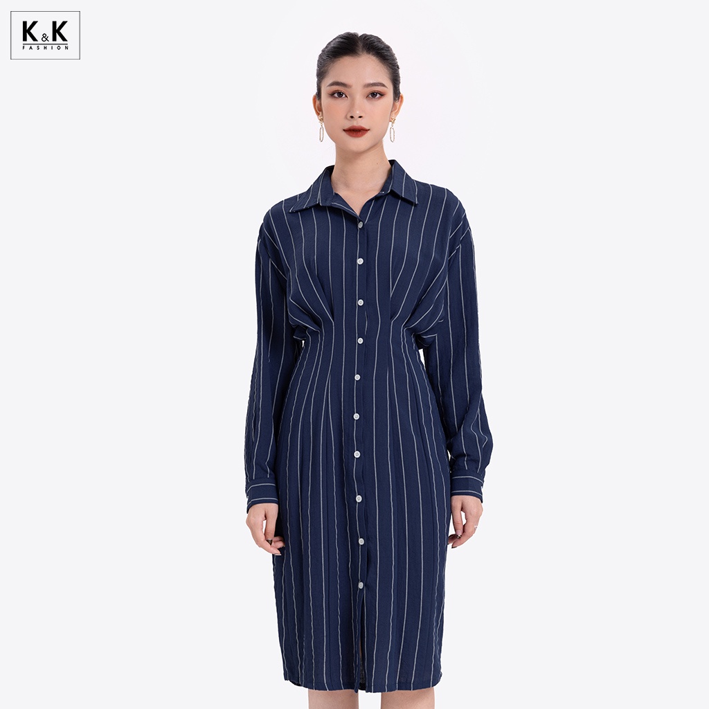 Đầm sơ mi kẻ sọc nhấn eo cao tay dài HL18-09 K&K Fashion chất liệu cotton