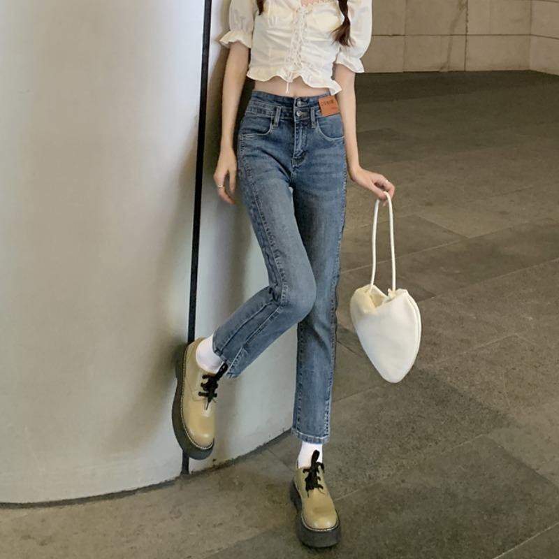 Quần jeans đen lưng cao xẻ ống thời trang cho nữ