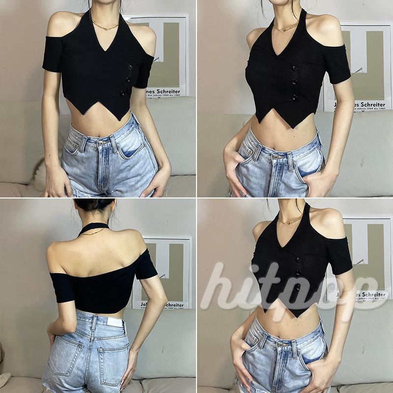 Hitpop-Women Casual Crop Tops, Short Sleeve Solid Color Backless Button Slim-Fit Halter Tops