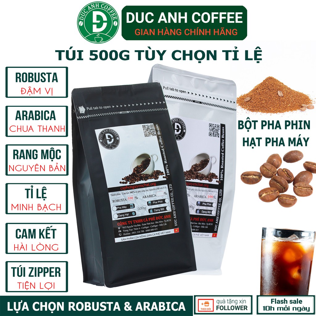 Túi 500g Cà phê rang mộc nguyên chất đủ thành phần Robusta và Arabica nguyên chất thương hiệu cafe DUC ANH COFFEE