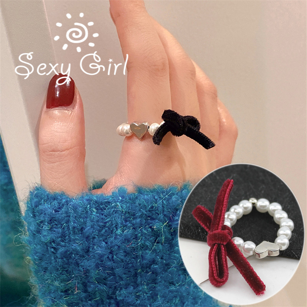 Nhẫn Nhung Đen Đính Ngọc Trai Hình Nơ Sang Trọng Thanh Lịch Cho Nữ