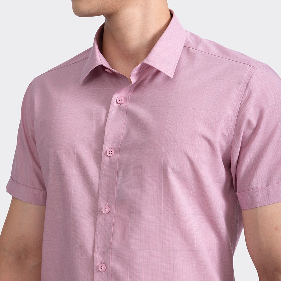 Áo Sơ Mi Nam Ngắn Tay ARISTINO ASS009S2 Somi Công Sở Cao Cấp Màu Hồng Kẻ Dobby Vải Sợi Sồi Dáng Ôm Tà Lượn Không Túi