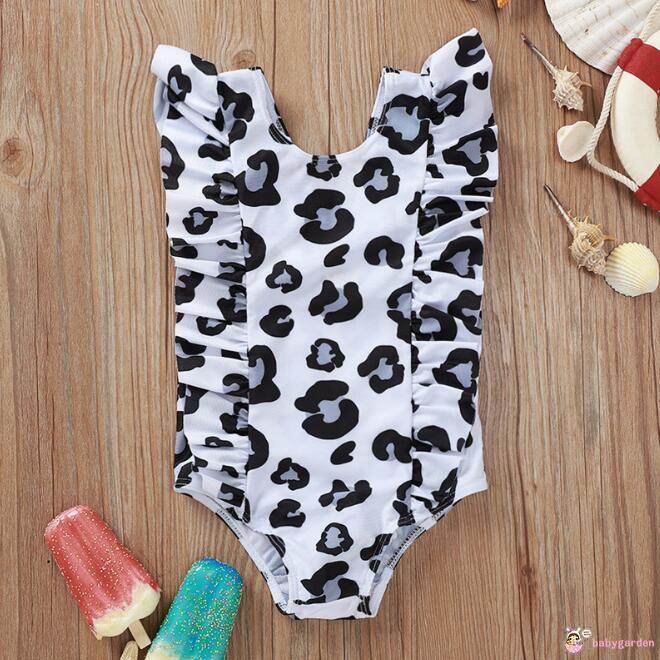 ღ♛ღbaby girls one-piece swimsuit leopard pattern backless V-neck lotus leaf swimsuit