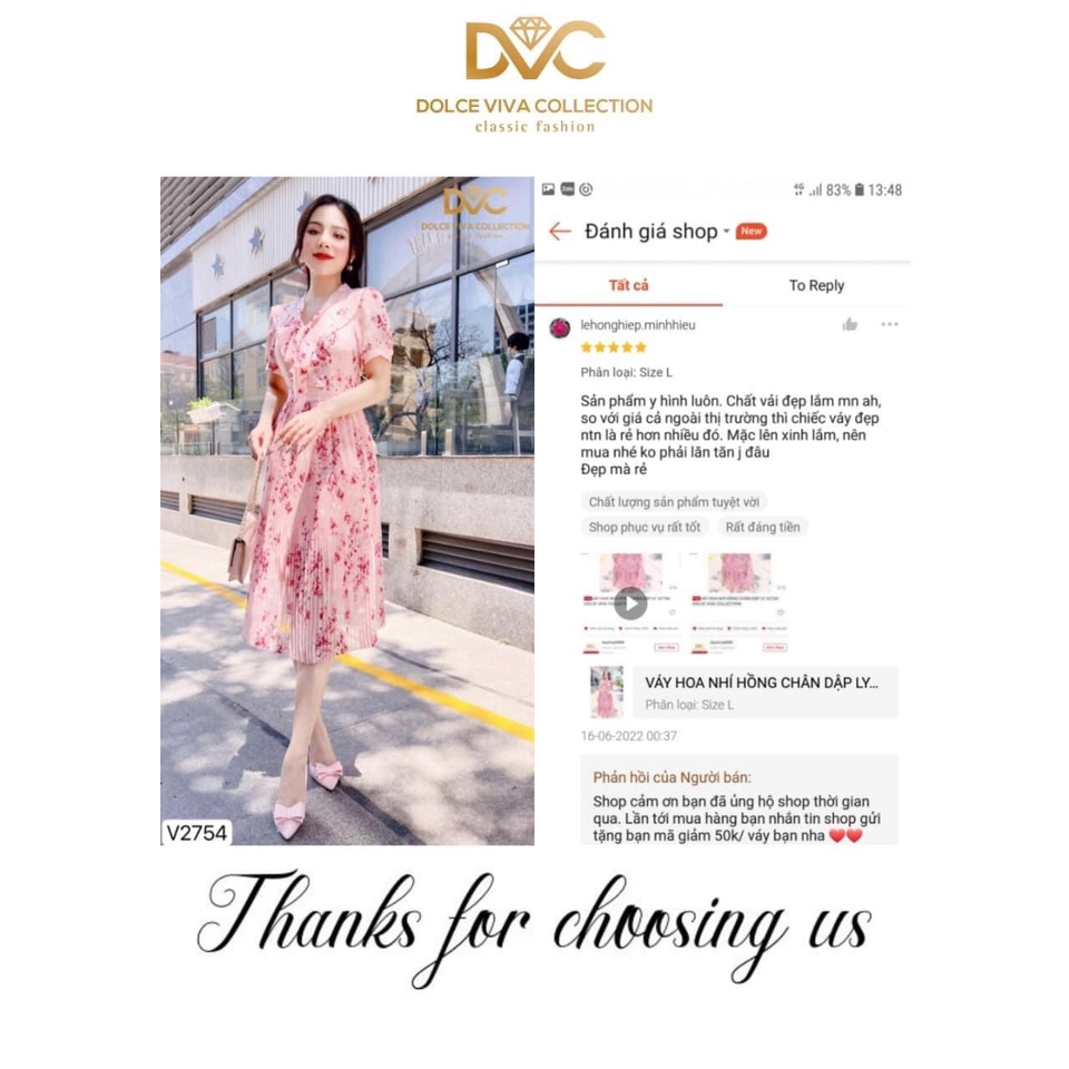 V2754 Váy voan hồng hoa nhí cổ nơ dáng dài dập ly công sở -  Dolce viva colection