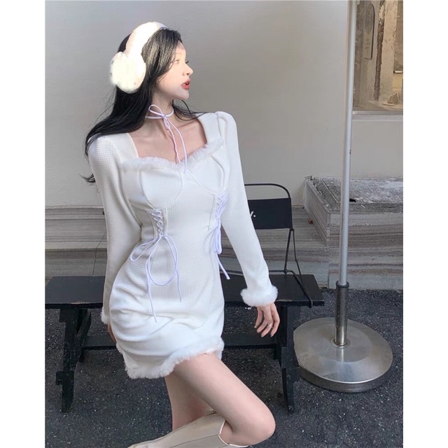 Đầm body nữ trắng viền lông