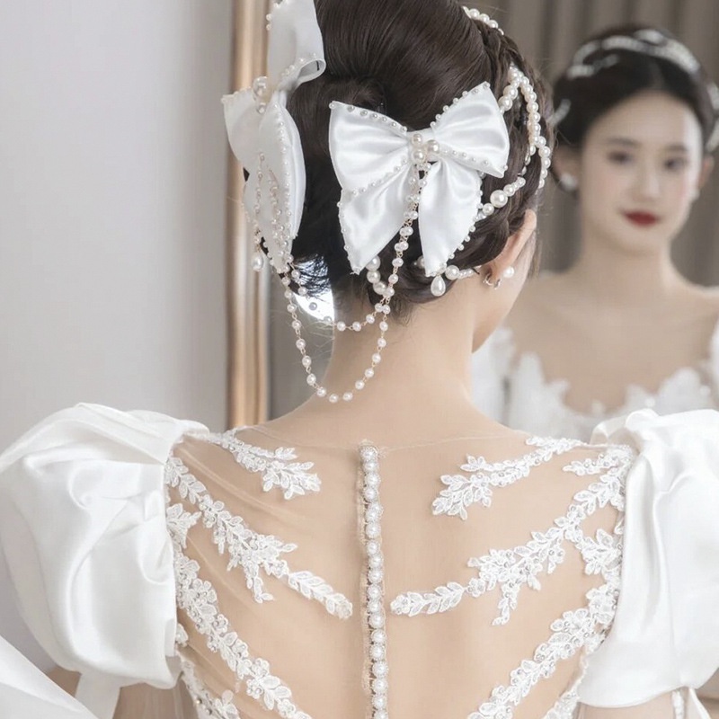 Kẹp Tóc Hình Nơ Đính Ngọc Trai Giả Màu Trắng Thời Trang Cho Cô Dâu