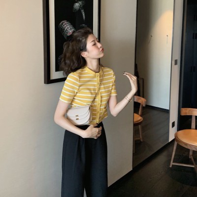 Áo Croptop Dệt Kim Tay Ngắn Cổ Tròn Phối Túi Phong Cách Hàn Quốc | BigBuy360 - bigbuy360.vn