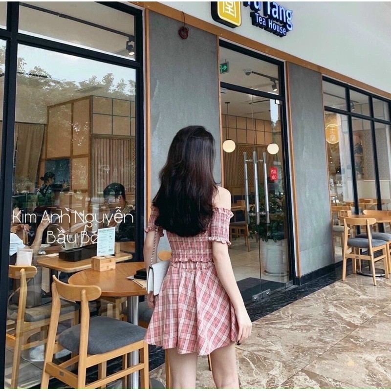 ẢNH THẬT TRẢI SÀN - SET ÁO BẸT VAI NHÚN + CHÂN VÁY CARO HỒNG