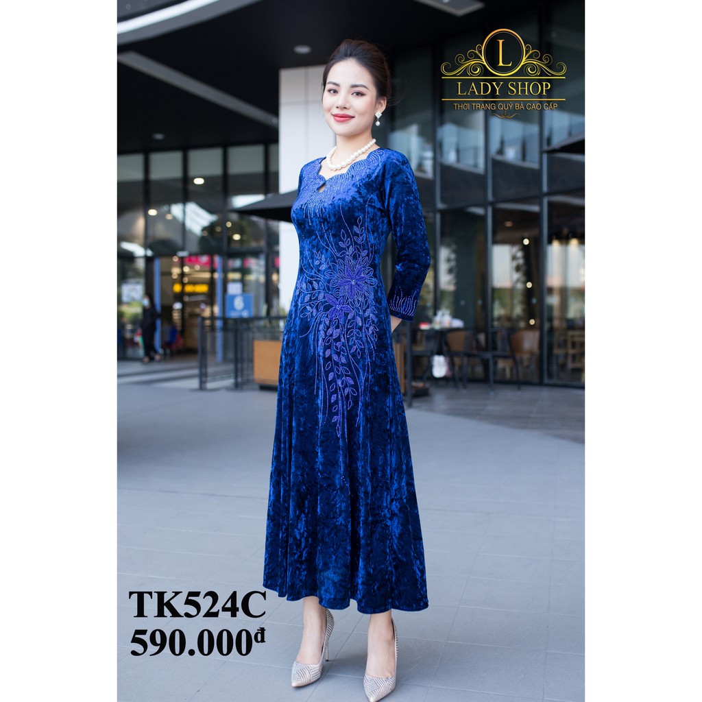 VÁY ĐẦM CAO CẤP - THỜI TRANG TRUNG NIÊN LADYSHOP - Đầm nhung chùm hoa eo kết đá TK524