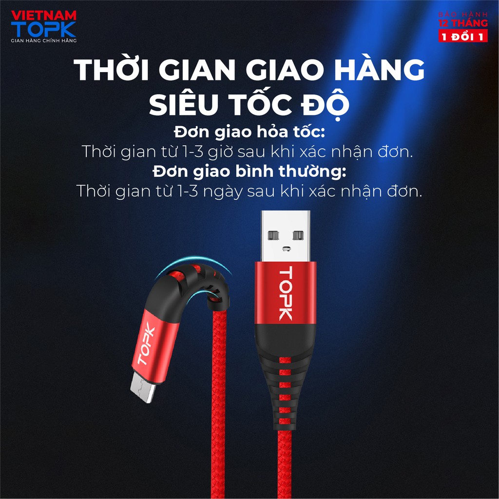 Dây sạc iPhone Type-C Micro USB TOPK AN42 - Dòng điện 3A - Hàng chính hãng - Bảo hành 12 tháng 1 đổi 1