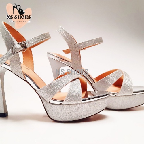 Sandal cao gót đế đúp quai chéo kim tuyến dễ đi, êm chân, thích hợp phối nhiều trang phục 10cm - NS2137