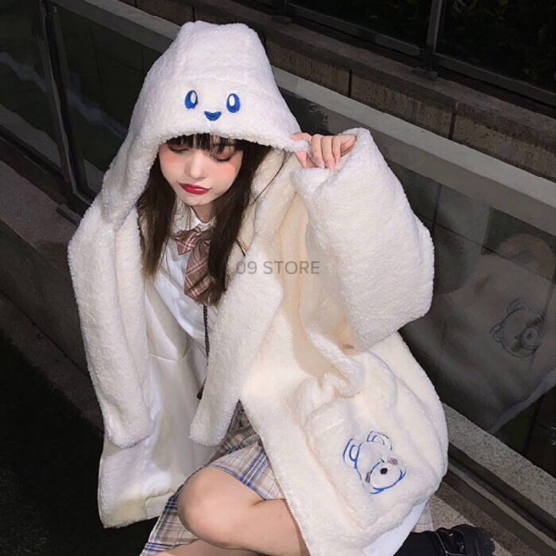 Áo khoác lông cừu, áo khoác mũ lông có khăn phong cách loli