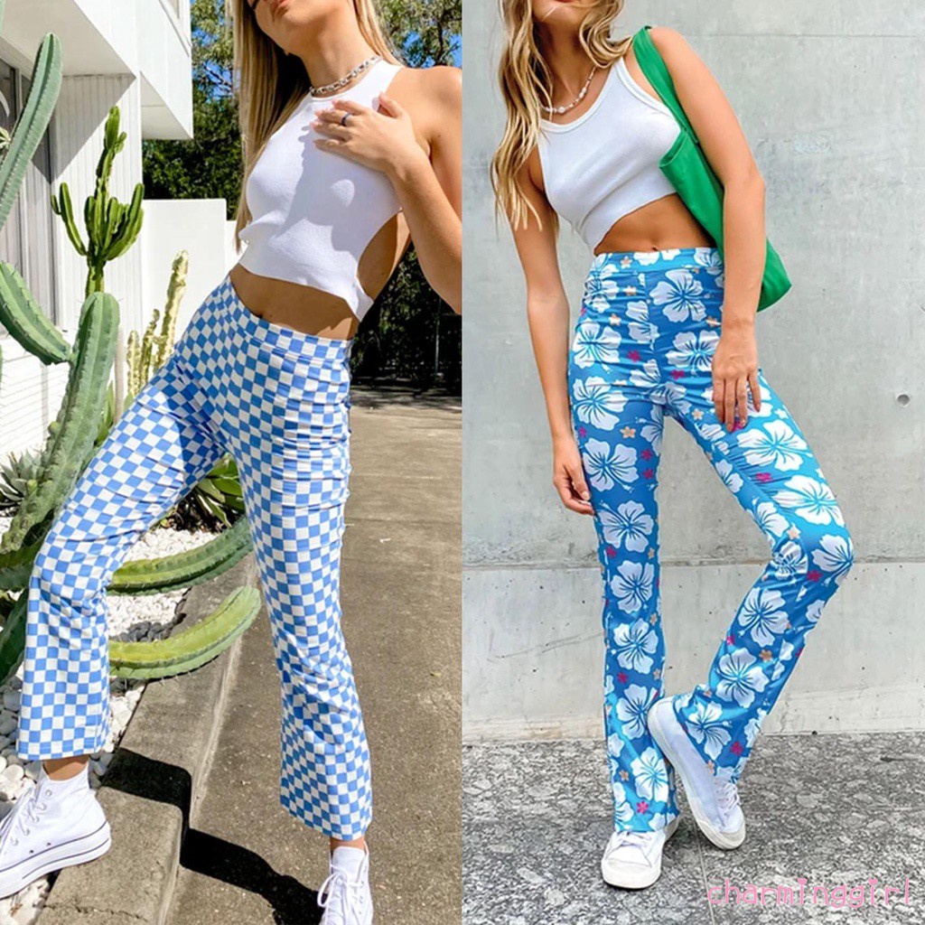 Quần dài lưng cao dáng ôm in họa tiết hoa / kẻ sọc sành điệu cho nữ