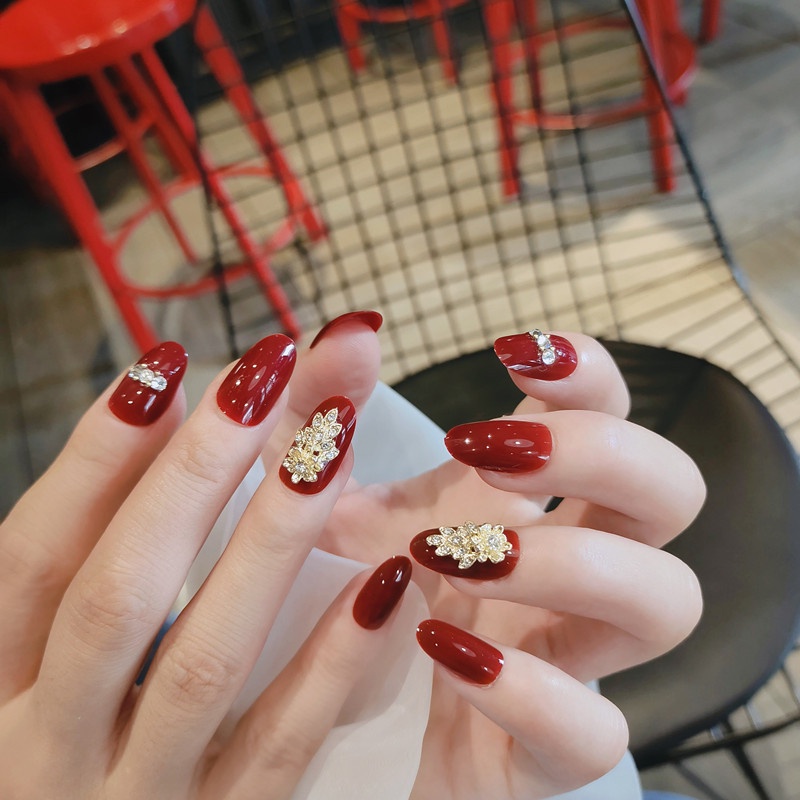 YADORNOS Set 24 móng tay giả YADORNOS màu đỏ rượu vang dáng dài có thể tháo rời thời trang