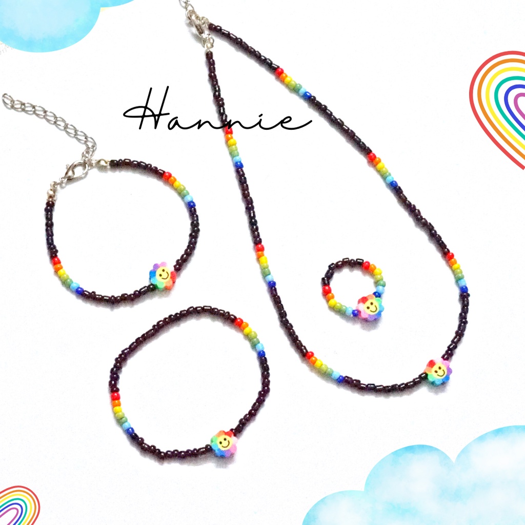 Set hạt cườm nhựa đen cầu vồng rainbow handmade - Combo vòng cổ vòng tay nhẫn dành cho nam nữ đơn giản