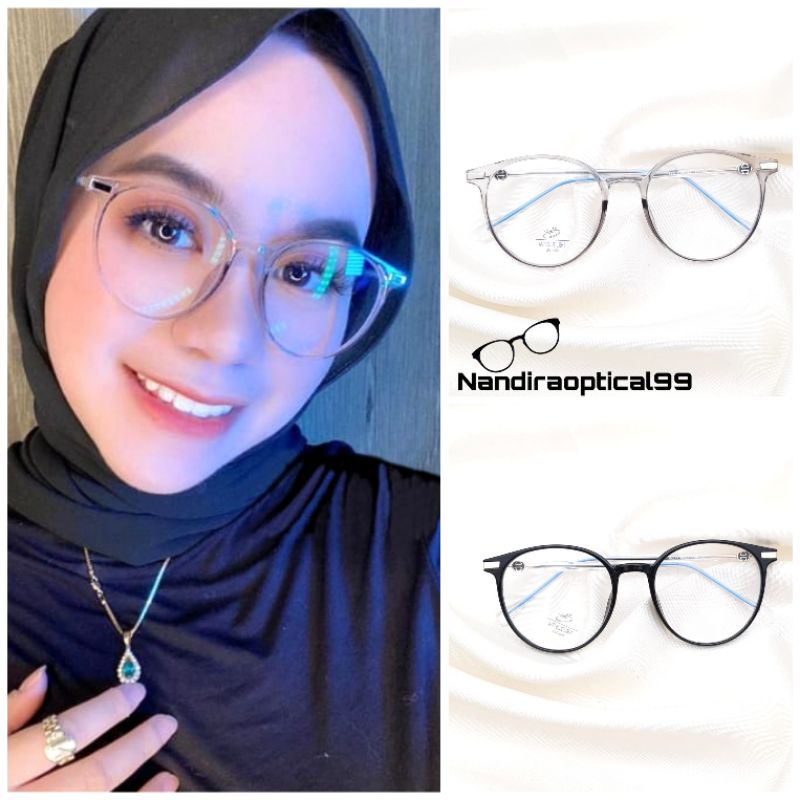Gọng kính cận tròn nữ Hainam Eyewear, tròng antiblue khung nhựa cốt kim loại chắc chắn mã 82761