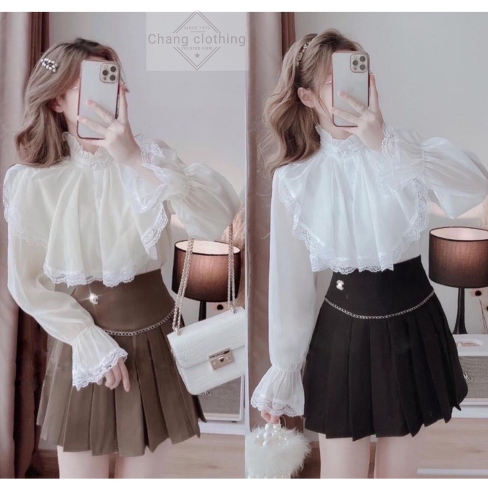 Áo sơ mi nữ tay phồng tiểu thư phối ren họa tiết kiểu hàn quốc màu trắng kem - Áo sơ mi kiểu nữ tay dài bồng mặc công sở