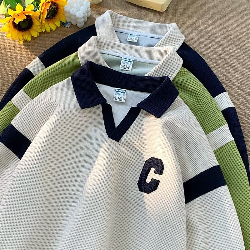 Áo Thun POLO Dài Tay Cổ Chữ V Form Rộng Thêu Chữ Thời Trang Dành Cho Nam