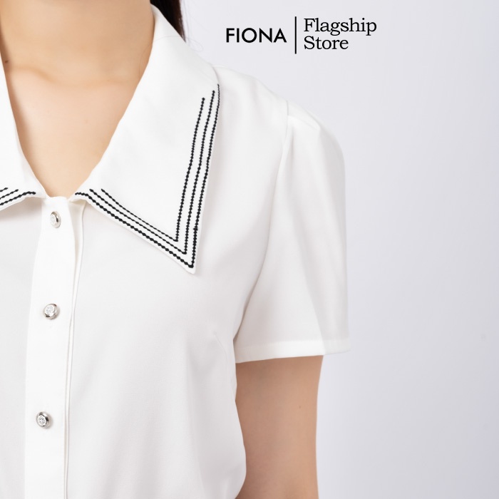 Áo sơ mi nữ FIONA cổ sen sơ mi trắng công sở tay nhún bồng măng séc cổ thêu V trẻ trung F551229