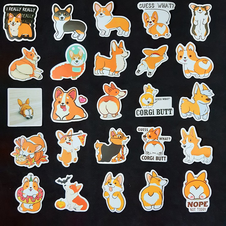 Bộ Sticker dán cao cấp chủ đề CHÚ CHÓ CORGI - Dùng dán Xe, dán mũ bảo hiểm, dán Laptop...