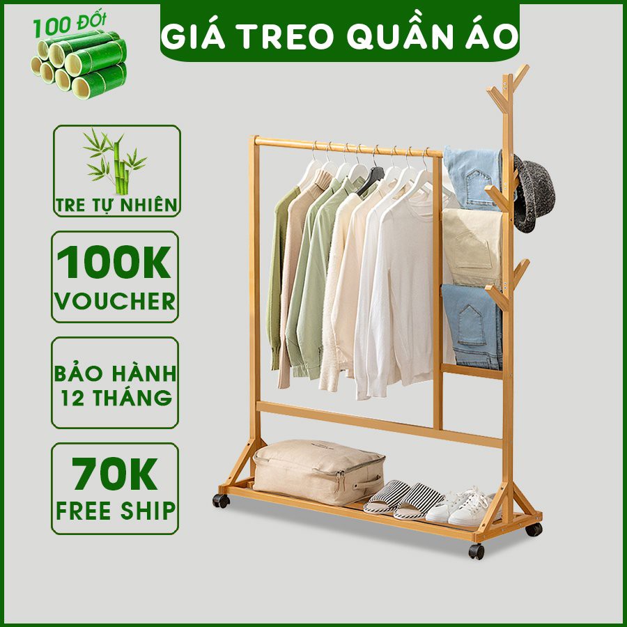 Giá treo quần áo thông minh 100 ĐỐT gỗ tre cao cấp - Kệ treo đồ đa năng có chỗ để giày tiện lợi, phong cách hiện đại