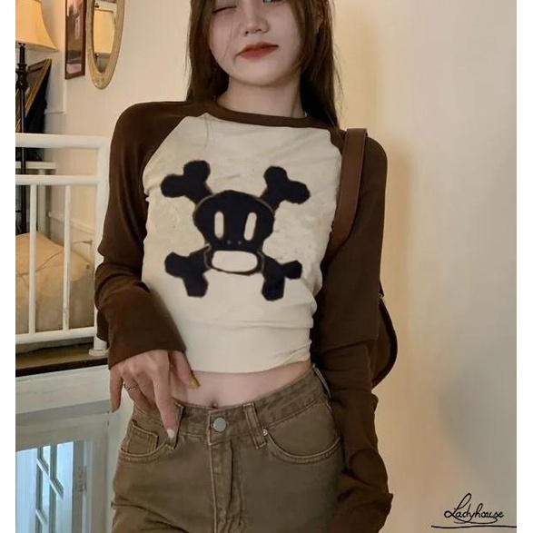 Áo Thun Crop Top Tay Dài Cổ Tròn In Họa Tiết Ngôi Sao Lấp Lánh Thời Trang Mùa Hè Cho Nữ