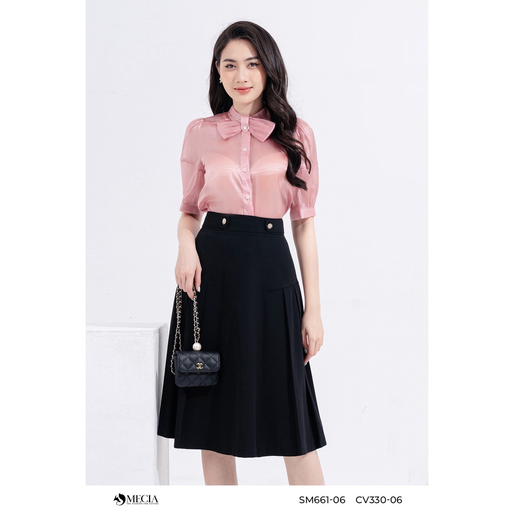 Sơ mi organza cao cấp vai bồng MECIA cổ nơ kẹp SM661