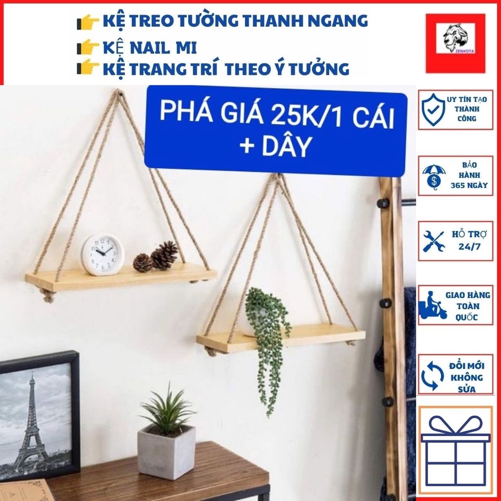 Kệ Thanh Ngang Treo Tường dây thừng không cần khoan 30 x15cm kèm phụ kiện