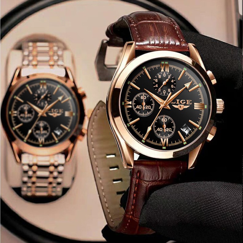 LIGE Đồng hồ đeo tay nam Thời trang Casual Analog Quartz Không thấm nước Chronograph dạ quang Da thể thao Đồng hồ đeo tay