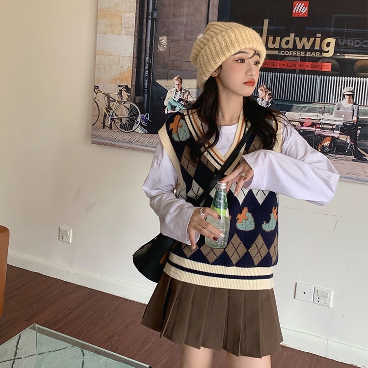 Áo Dệt Kim Cổ Chữ V Dáng Rộng Phong Cách Học Sinh Thời Trang Mới Cho Nữ