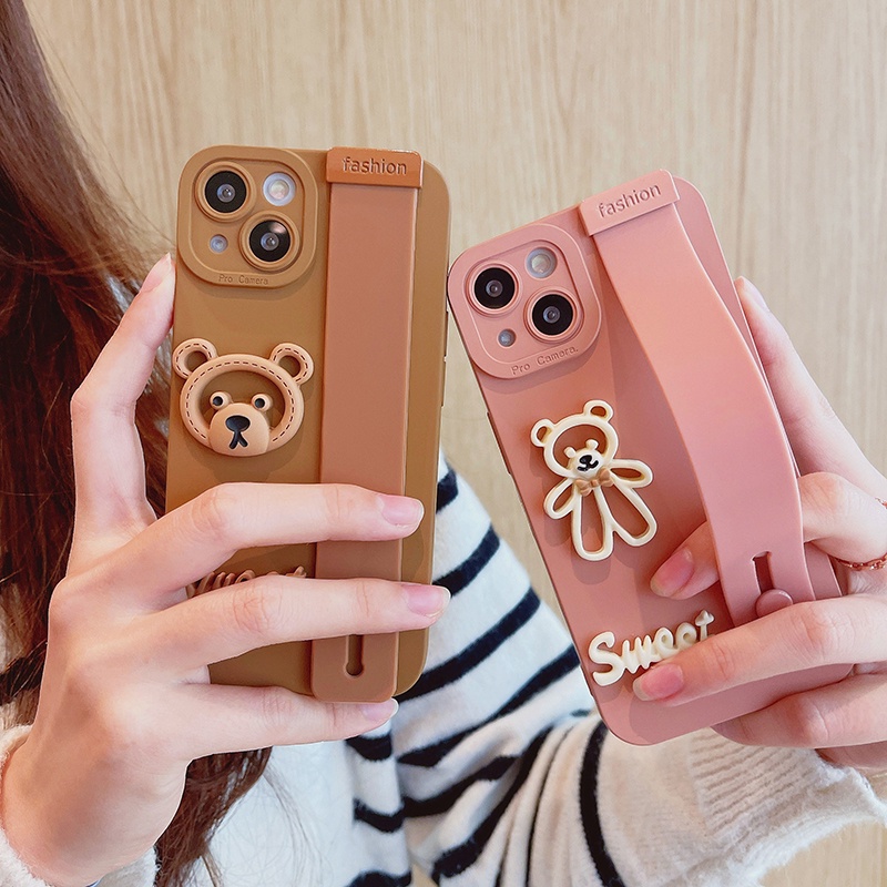 Ốp điện thoại hình gấu nâu và chữ có dây đeo cho iPhone13Pro Max 13 Pro 13 12ProMax 12Pro 12 11 Pro Max IX Xs Max XR