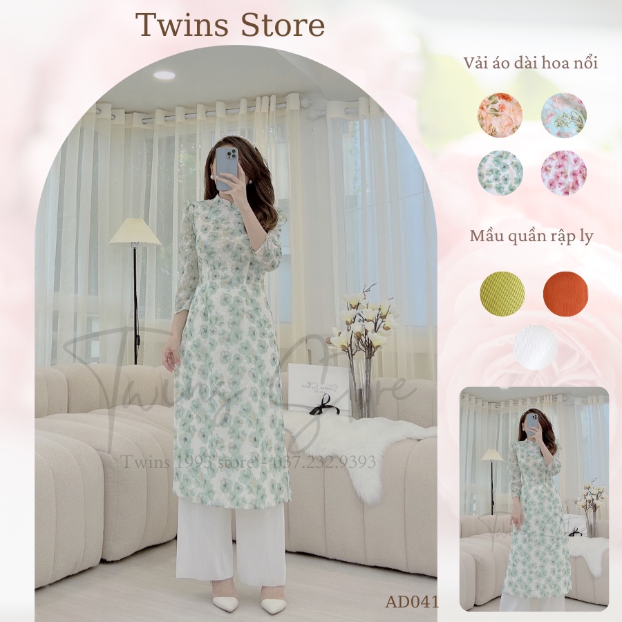 Áo dài dáng ôm TWINS STORE chất tơ hoa nổi, KÈM QUẦN rập ly - AD041