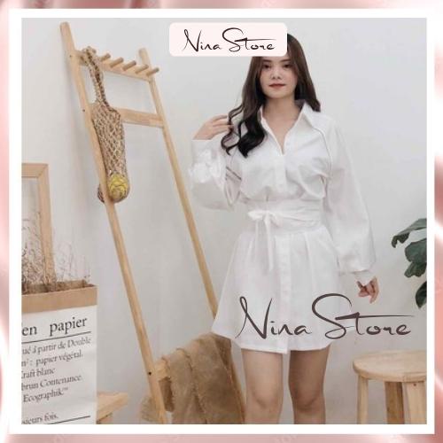 Sét váy áo sơ mi nữ kèm đai buộc chất đũi mềm set đầm váy áo sơ mi tiểu thư sexy cá tính 2 màu đen trắng NinaStore