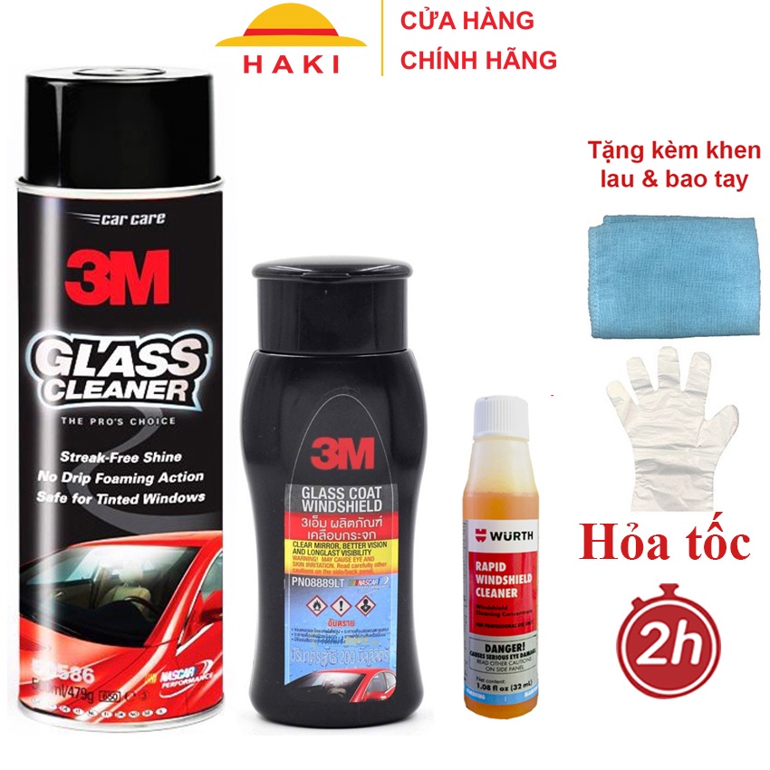 Combo dung dịch chống bám nước kính lái, gương hậu 3M, chai vệ sinh kính ô tô 3M và nước rửa kính ô tô đậm đặc Wurth