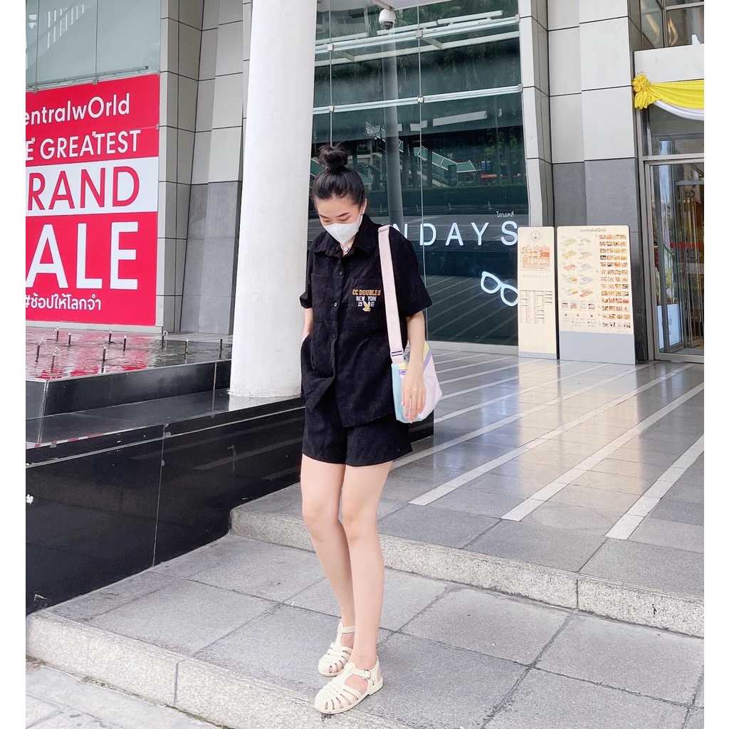 Set sơ mi nhung tăm thêu chữ mix quần short đùi BN200
