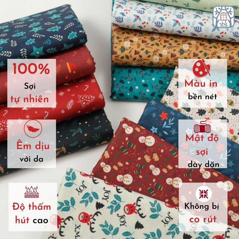 CS21-160 Vải cotton 100% tự nhiên🍒Chuanshui🍒khổ vải 145cm, noel họa tiết nhí ,NOEL, CHRISTMAS - vải đẹp handmade,quần áo
